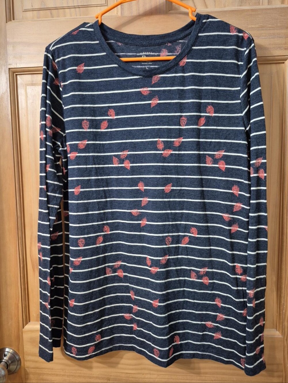 G.H. Bass & Co. Navy Striped Rust Orange Leaf Print Top L